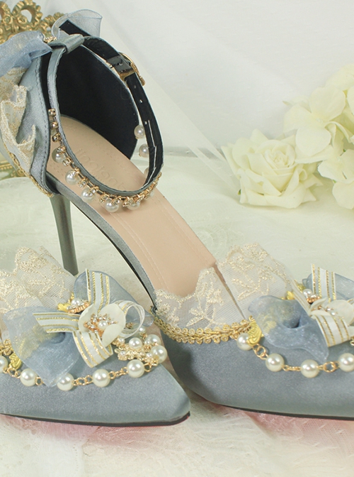 Pointed Toe Stiletto Bridal Wedding Bowknot Lace Pearl High Heel Sandals Classic Lolita Shoes