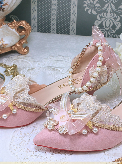 Pointed Toe Stiletto Bridal Wedding Bowknot Lace Pearl High Heel Sandals Classic Lolita Shoes