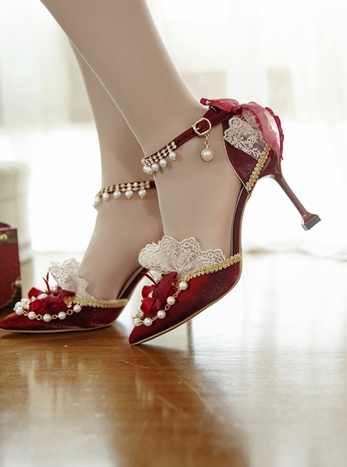 Pointed Toe Stiletto Bridal Wedding Bowknot Lace Pearl High Heel Sandals Classic Lolita Shoes