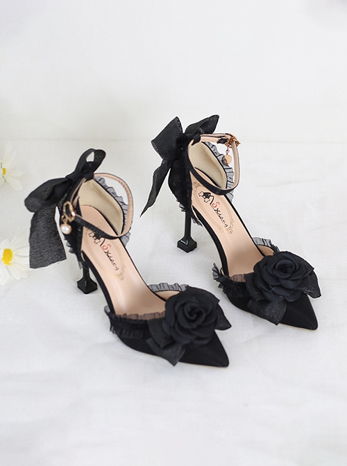 Camellia Series Wedding Elegant Premium Lady Pointed Toe High Heels Sandals Bowknot Lace Classic Lolita Shoes