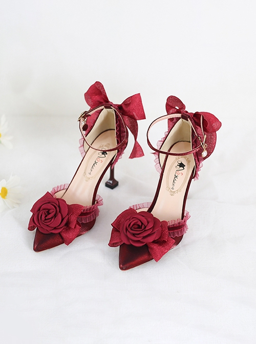 Camellia Series Wedding Elegant Premium Lady Pointed Toe High Heels Sandals Bowknot Lace Classic Lolita Shoes