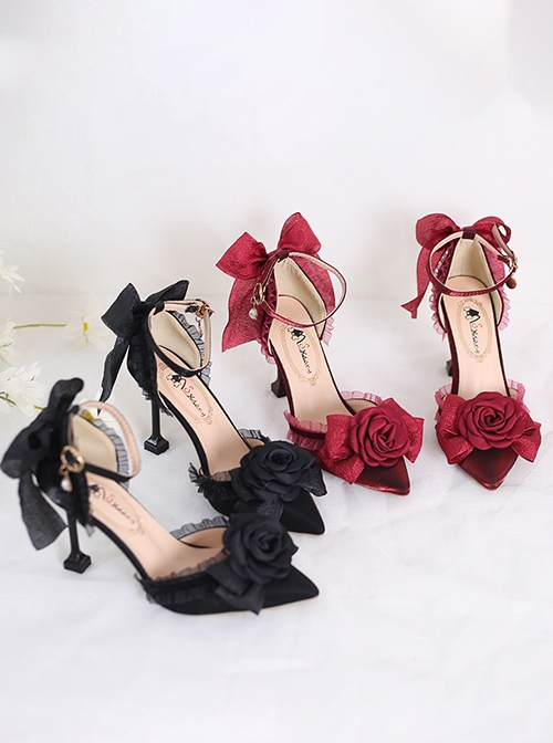 Camellia Series Wedding Elegant Premium Lady Pointed Toe High Heels Sandals Bowknot Lace Classic Lolita Shoes