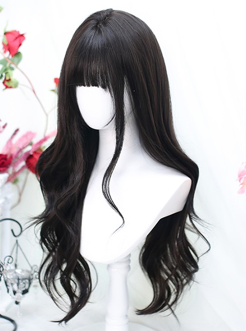 Elegant Natural Simulation Black Flat Bangs  Big Wavy Long Hair Classic Lolita Full Head Wig