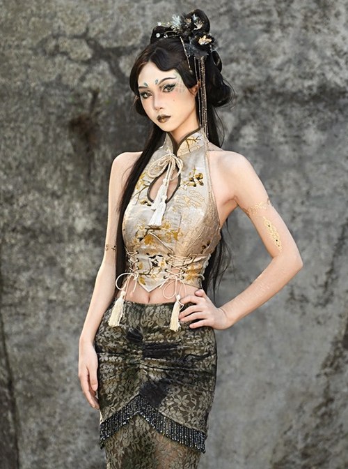 Spring Dragon Festival Series New Chinese Style Gothic Punk Apricot Yellow Tassel Water Droplets Collar Cheongsam Sleeveless Short Shirt