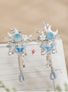 Retro Blue White Moon Flower Crystal Beads Antique Chinese Style Cute Accessories Hairpins