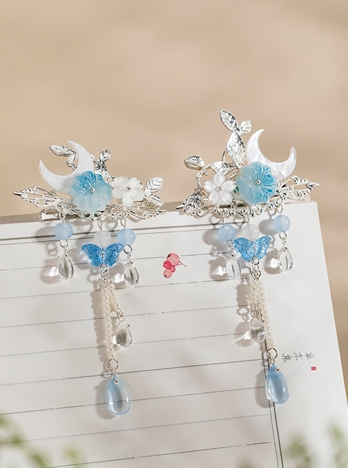 Retro Blue White Moon Flower Crystal Beads Antique Chinese Style Cute Accessories Hairpins