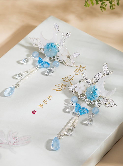 Retro Blue White Moon Flower Crystal Beads Antique Chinese Style Cute Accessories Hairpins
