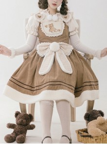 Yuli's Dream Series Winter Corduroy Cute Bear Embroidery Plush Cordiform Bowknot Sweet Suspender Lolita Dress