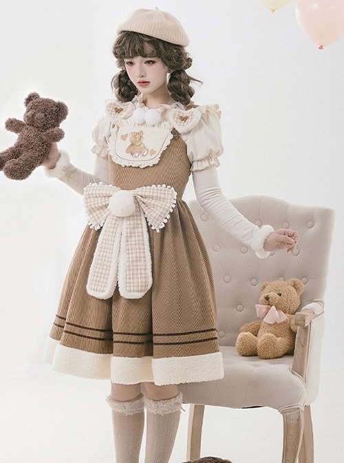 Yuli's Dream Series Winter Corduroy Cute Bear Embroidery Plush Cordiform Bowknot Sweet Suspender Lolita Dress