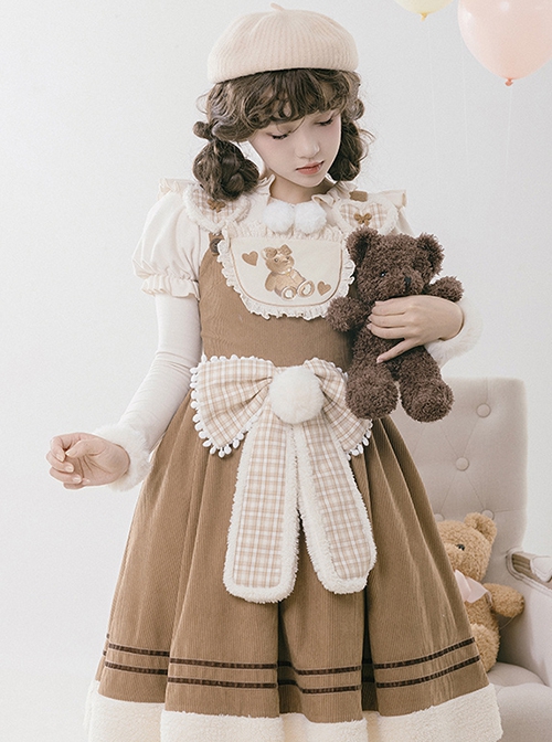 Yuli's Dream Series Winter Corduroy Cute Bear Embroidery Plush Cordiform Bowknot Sweet Suspender Lolita Dress