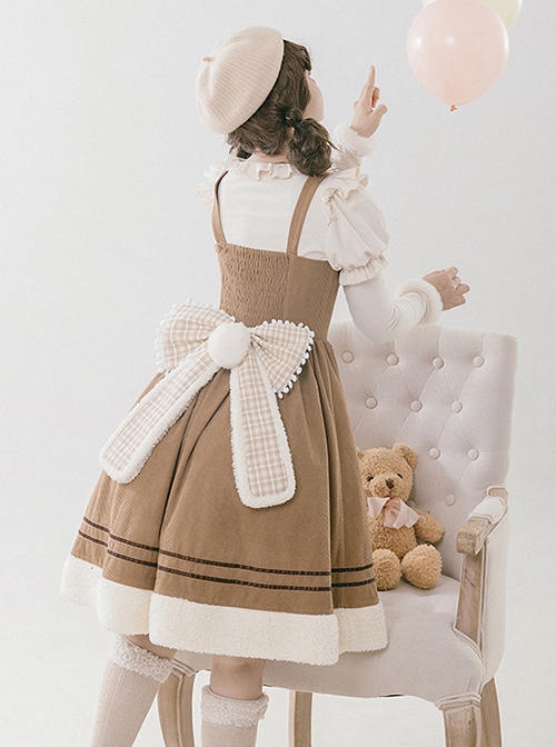 Yuli's Dream Series Winter Corduroy Cute Bear Embroidery Plush Cordiform Bowknot Sweet Suspender Lolita Dress