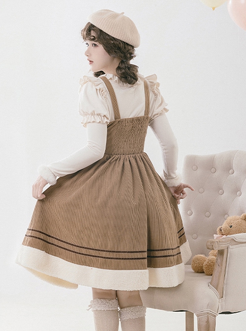 Yuli's Dream Series Winter Corduroy Cute Bear Embroidery Plush Cordiform Bowknot Sweet Suspender Lolita Dress