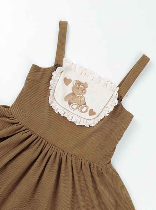 Yuli's Dream Series Winter Corduroy Cute Bear Embroidery Plush Cordiform Bowknot Sweet Suspender Lolita Dress