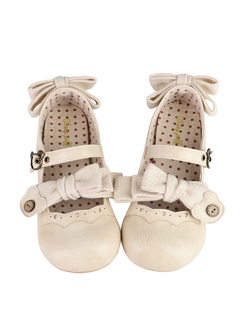 Bear House Series Cute Bowknot Retro Matte Leather Daily Versatile Round Toe Low Heel Sweet Lolita Shoes