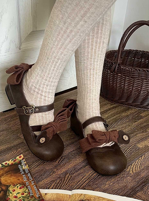 Bear House Series Cute Bowknot Retro Matte Leather Daily Versatile Round Toe Low Heel Sweet Lolita Shoes