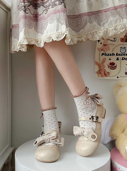 Bear House Series Cute Bowknot Retro Matte Leather Daily Versatile Round Toe Low Heel Sweet Lolita Shoes