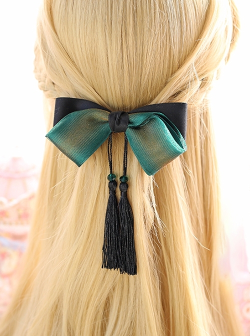 Elegant Dark Green Retro Tassel Reflective Satin Bowknot Tie Spring Clip Gothic Lolita Hairclip