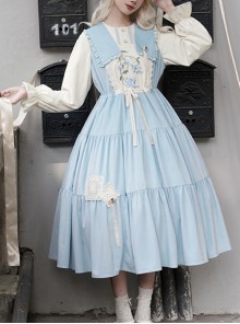 Flowers In The Mist Series Spring Fake Two Piece Light Blue Elegant Navy Style Long Sleeved Lolita Dress