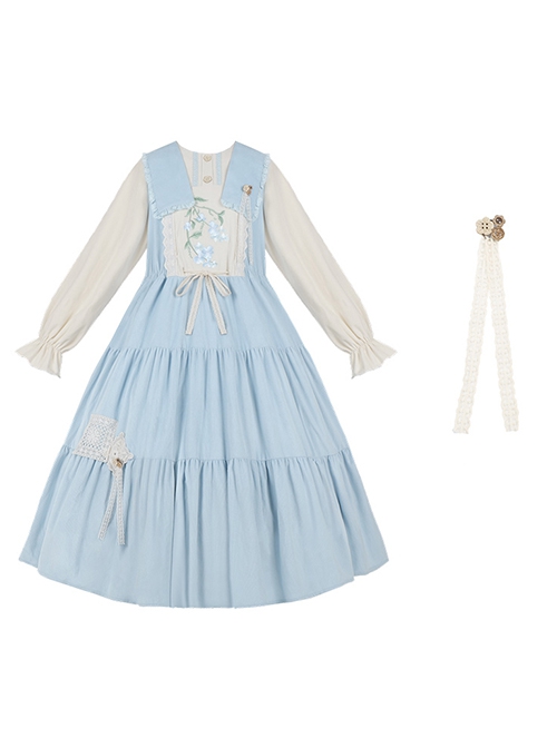 Flowers In The Mist Series Spring Fake Two Piece Light Blue Elegant Navy Style Long Sleeved Lolita Dress