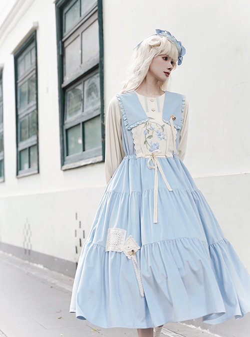 Flowers In The Mist Series Spring Fake Two Piece Light Blue Elegant Navy Style Long Sleeved Lolita Dress