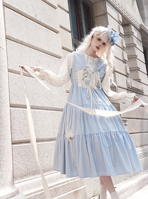 Flowers In The Mist Series Spring Fake Two Piece Light Blue Elegant Navy Style Long Sleeved Lolita Dress