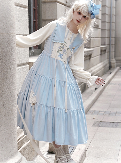 Flowers In The Mist Series Spring Fake Two Piece Light Blue Elegant Navy Style Long Sleeved Lolita Dress