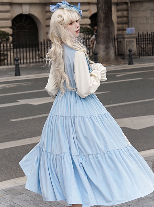 Flowers In The Mist Series Spring Fake Two Piece Light Blue Elegant Navy Style Long Sleeved Lolita Dress