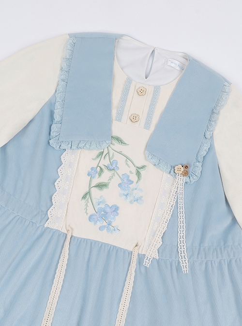 Flowers In The Mist Series Spring Fake Two Piece Light Blue Elegant Navy Style Long Sleeved Lolita Dress