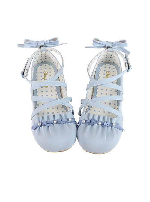 Shell Ballet Series Glossy Round Toe Girly Pearl Bowknot Elegant Strappy Low Heel Sweet Lolita Shoes