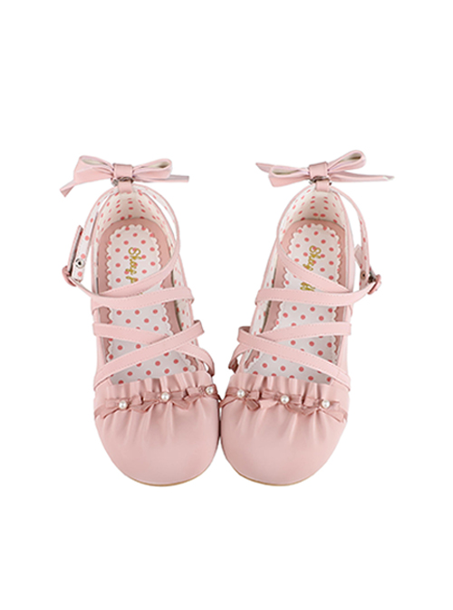 Shell Ballet Series Glossy Round Toe Girly Pearl Bowknot Elegant Strappy Low Heel Sweet Lolita Shoes
