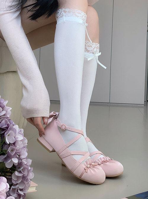 Shell Ballet Series Glossy Round Toe Girly Pearl Bowknot Elegant Strappy Low Heel Sweet Lolita Shoes