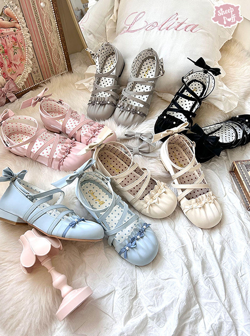 Shell Ballet Series Glossy Round Toe Girly Pearl Bowknot Elegant Strappy Low Heel Sweet Lolita Shoes
