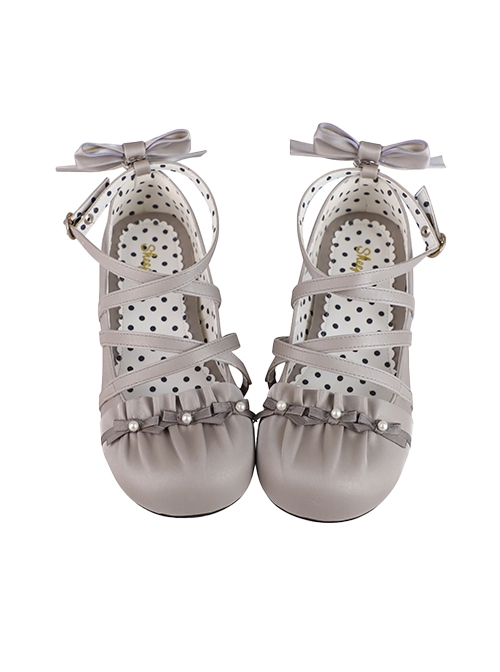 Shell Ballet Series Glossy Round Toe Girly Pearl Bowknot Elegant Strappy Low Heel Sweet Lolita Shoes