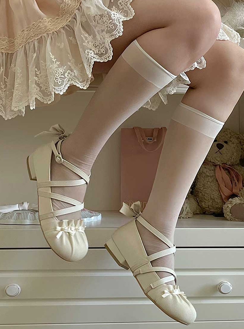 Shell Ballet Series Glossy Round Toe Girly Pearl Bowknot Elegant Strappy Low Heel Sweet Lolita Shoes