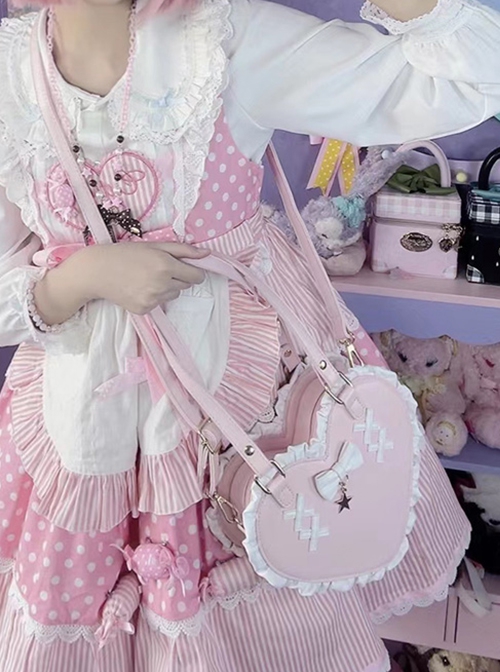 Sweet Cute Heart-Shaped Lace Embellished Bowknots Stars Crossbody Handheld Daily Versatile Lolita Bag