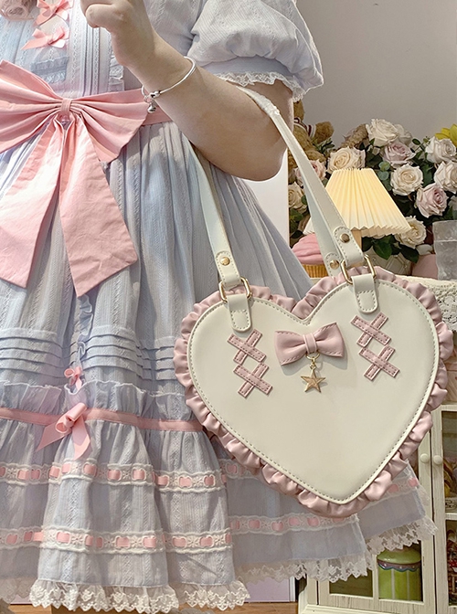 Sweet Cute Heart-Shaped Lace Embellished Bowknots Stars Crossbody Handheld Daily Versatile Lolita Bag