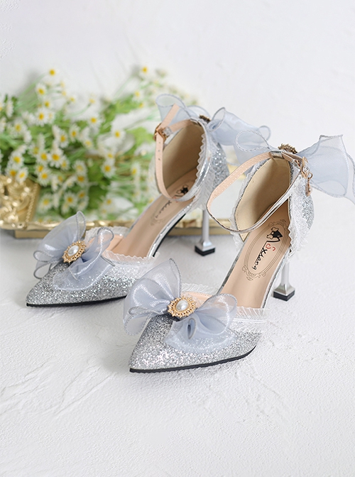 Dinner Wedding Hanfu Lace Elegant Fairy Glitter Pearl Mesh Yarn Bowknot Classic Lolita Shoes