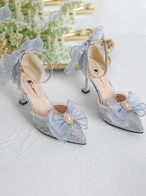 Dinner Wedding Hanfu Lace Elegant Fairy Glitter Pearl Mesh Yarn Bowknot Classic Lolita Shoes