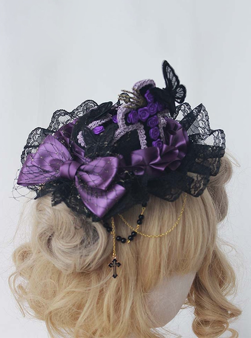 Dark Gothic Style Handmade Lace Bowknot Black Purple Retro Gorgeous Lolita Top Hat