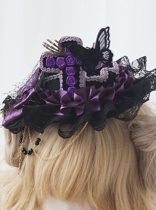 Dark Gothic Style Handmade Lace Bowknot Black Purple Retro Gorgeous Lolita Top Hat