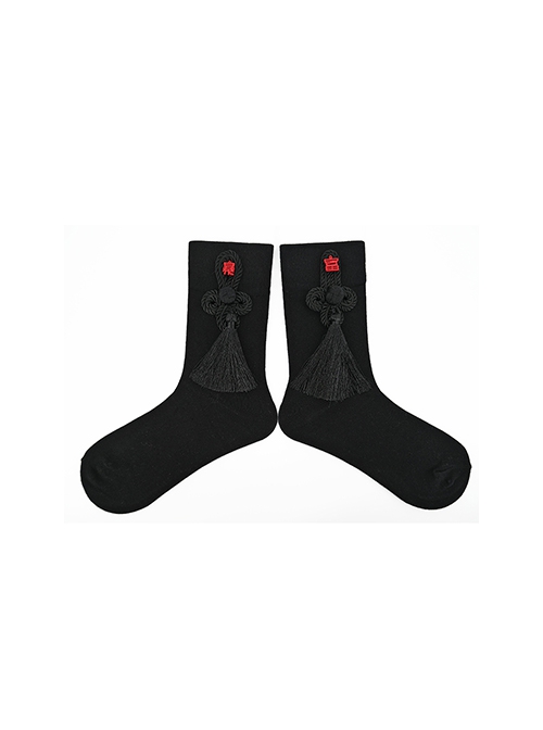 Original Designed Personalized Tassel Decorated Chinese Style Punk Versatile Trendy Black Short Socks