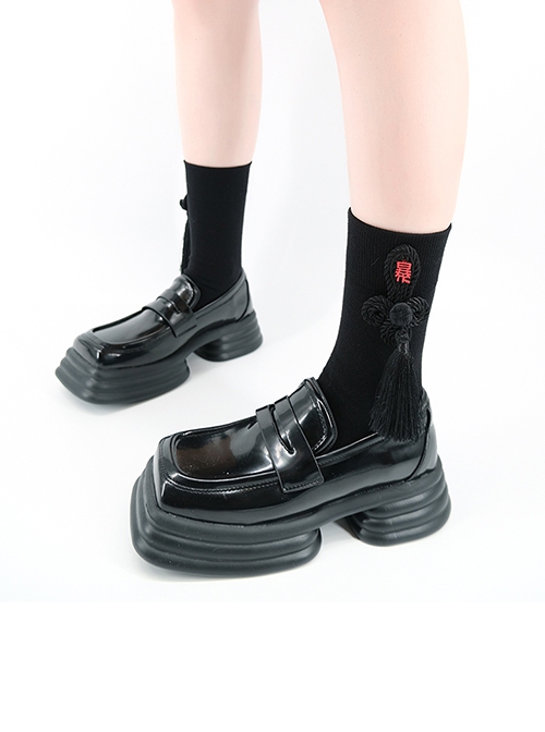Original Designed Personalized Tassel Decorated Chinese Style Punk Versatile Trendy Black Short Socks