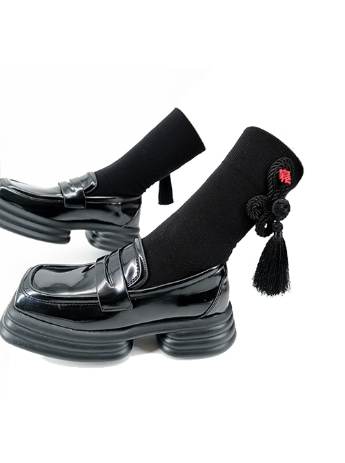 Original Designed Personalized Tassel Decorated Chinese Style Punk Versatile Trendy Black Short Socks