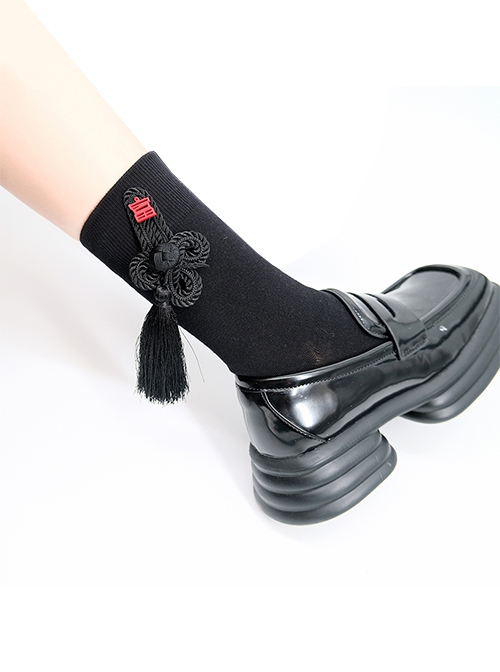 Original Designed Personalized Tassel Decorated Chinese Style Punk Versatile Trendy Black Short Socks