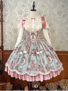 Bear Doll Wall Series Cute Pink Green Retro Girl Room Print Bowknot Chest Support Sweet Lolita Sleeveless Dress JSK