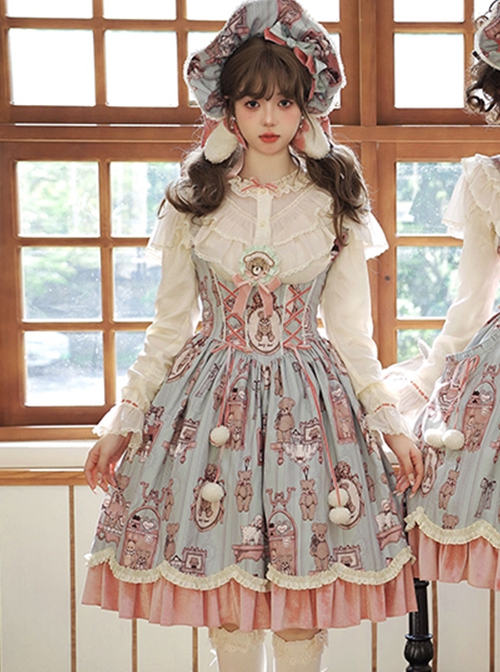 Bear Doll Wall Series Cute Pink Green Retro Girl Room Print Bowknot Chest Support Sweet Lolita Sleeveless Dress JSK