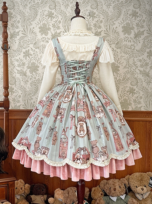 Bear Doll Wall Series Cute Pink Green Retro Girl Room Print Bowknot Chest Support Sweet Lolita Sleeveless Dress JSK