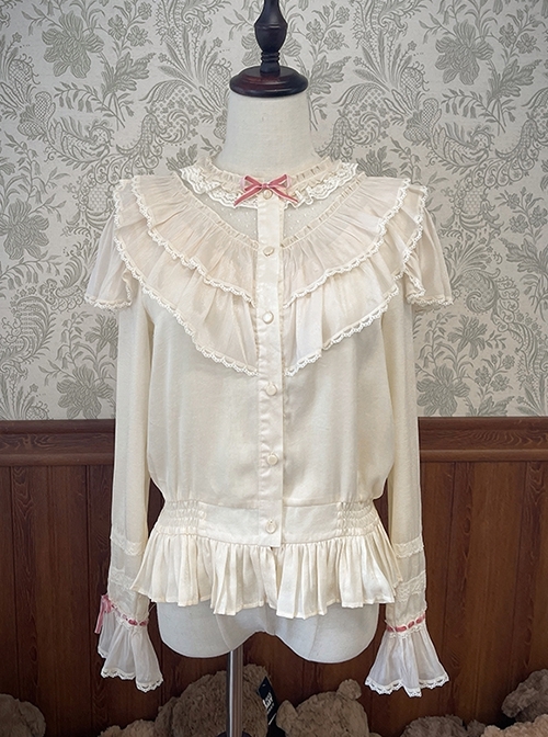 Bear Doll Wall Series Stand Collar V Shape Ruffles Lace Velvet Ribbon Bowknot Sweet Lolita Long Sleeves Shirt