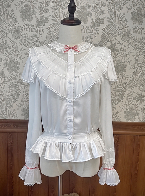 Bear Doll Wall Series Stand Collar V Shape Ruffles Lace Velvet Ribbon Bowknot Sweet Lolita Long Sleeves Shirt