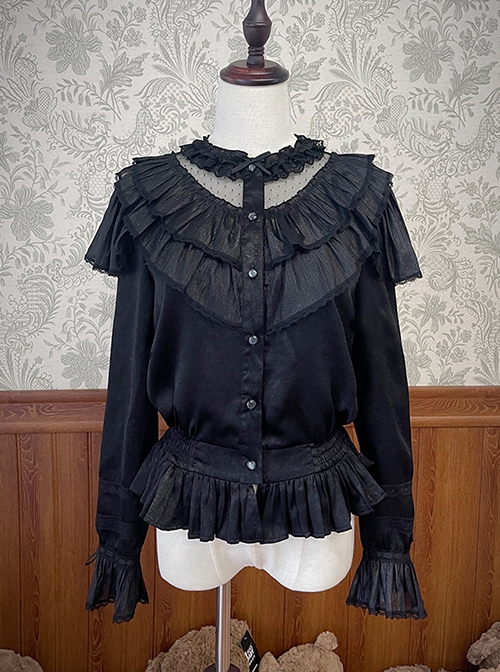 Bear Doll Wall Series Stand Collar V Shape Ruffles Lace Velvet Ribbon Bowknot Sweet Lolita Long Sleeves Shirt